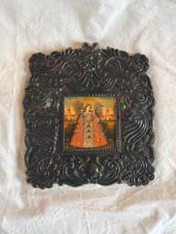 Oil On Board Signed Ana Pomata Painting 4.5x4.5 Ornate Metal Work Frame 10x11 On Mahogany Religious Madonna