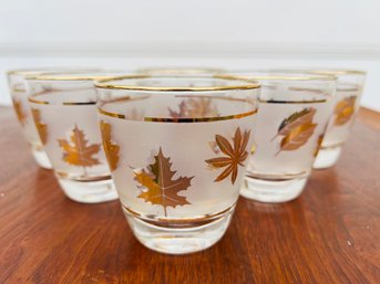 Set Of 6 Vintage Libbey Glass Gold Leaf Starlyte Frosted Rocks Glasses