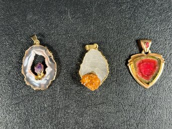 Three Beautiful Pendants: Watermelon Tourmaline In 14K Gold Setting, Quartz With Citrine Cluster & More