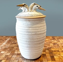 A Glazed Earthenware Canister With Swan Head Lid, 1980's, Signed Kurst On Base