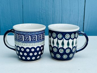 Two Non-Matching Handmade Polish Pottery Coffee Mugs