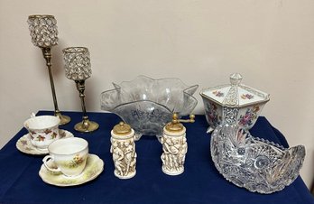 Lovely Crystal And Porcelain Candy Bowls And Candle Holders And Two Tea Cups With Saucers