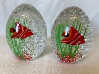 A Pair Of Vintage Mid Centuey Modern BUCCILANTE MURANO Art Glass Paperweights- Angelfish In Sea Grass