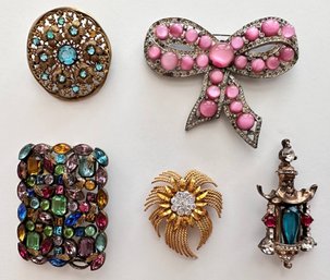 5 Vintage Rhinestone Pins Brooches, Some From 1930s