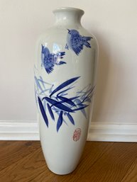 Contemporary Made Chinese-style 16' Statements Vase (blue And White): Two Little Birds And Bamboo Leaves