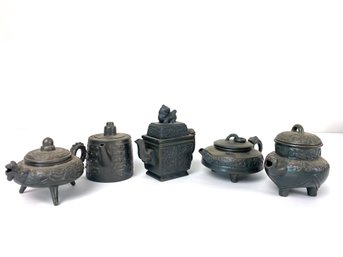 Five Miniature Pottery Grey Glazed Chinese Tea Pots (5)