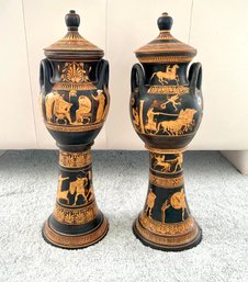 Set Of 2 Red Figure Greek Terracotta Delfi Replica Vases- Signed Copies By Pf Tromiwflakis & A. Tsakirakis