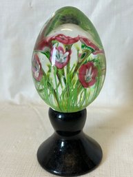 Vintage MURANO Art Glass Egg- Ebony Base With Cased Flower Decoration