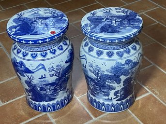 A PAIR OF CHINESE BLUE AND WHITE GARDEN SEATS