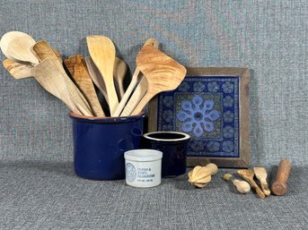 A Terrific Grouping Of Kitchen Items: Tile Trivet, Crocks, Wooden Utensils