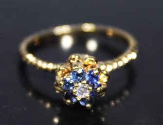 Gold Over Sterling Silver Fancy Floral Ladies Ring White Blue Gemstones Size 7