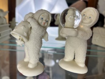 Pair Of Snowbabies Figurines With Snow Globe & Bell