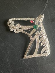 Large Vintage Pave Rhinestone Horse Head Brooch With Ruby & Emerald Accent Stones