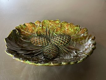 Vintage Majolica Colorful Green Leaf Pinecone Dish