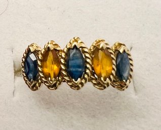 10K GOLD BLUE SAPPHIRE & CITRINE 5 STONE RING