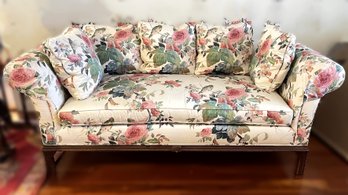 Luxurious Southwood Single Cushion Rolled Arm Sofa With Loose Back Pillows And Wood Base