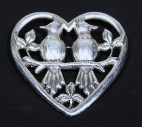 Signed Noreland Sterling Silver Coro Brooch Love Birds In Heart Form