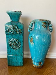Contemporary Turquoise Artisan Hand-thrown Statement Vases With Distressed Finish And Crackle Glaze