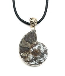 Sterling Silver Natural Shell Pendant On Black Cord Necklace