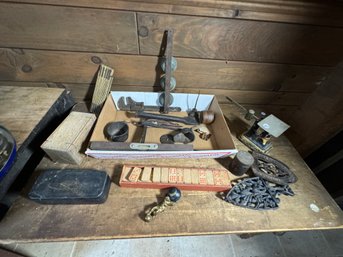 ANTIQUE SCALE, SEWING ITEMS, AND TOOLS