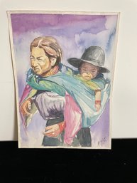 Singed Watercolor Portrait Of Mother With Child On Canvas No Frame