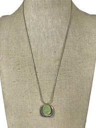 Signed Sterling Silver Green Pendant Having 18' Sterling Silver Chain Necklace