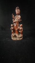 Vintage Wood Carved Statue Quan Yin With Child And Dragon