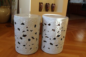 Traditional Chinese Style Ceramic Garden Stools Decorated In Floral Swirls