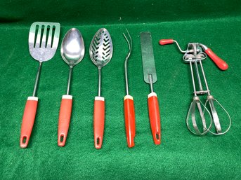 Vintage 1950s ECKO Eterna Red And White Handle (5) Piece Stainless Steel Kitchen Utensil Set And Worlbeater.