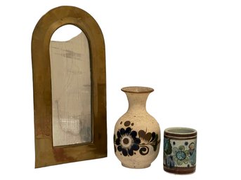 Brass Arched Boho Mirror & Mexican Vases