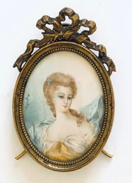 Lady Gold / Signed Early Petite Hand Painted Miniature Painting In Brass Oval Frame