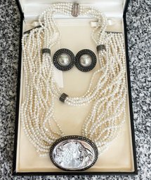 A Pair Of Vintage Pearl Necklaces And Earrings In Sterling Silver Settings