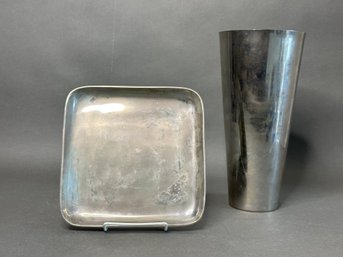 A Square Metal Tray, Barona Pattern, By Pottery Barn & Compatible Tall Vase