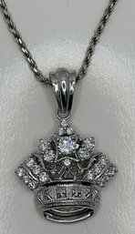 Incredible Rare Vtg Sterling Large Crown Pendant With Rhinestones And Rope Chain ~ Fit For A Queen! ~