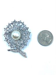 Large Clear Rhinestone Flower With Faux Pearl