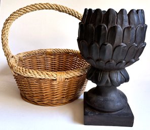 Vintage Carved Wood Container & Wicker Basket