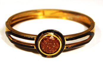 Early Victorian Gold Filled Hinged Bangle Bracelet Black Enamel & Goldstone
