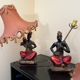 A Pair Of Matching Lamps - Seated Figures With Shades - Blackamore - Antique