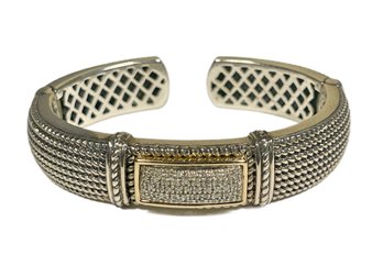 Large Sterling Silver & 14K Gold Diamond Cuff Bracelet