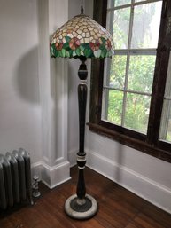SIX FEET TALL ! -  Antique Floor Lamp - Leaded Glass Shade LARGER SCALE - Turned Wooden Base - Needs Rewiring