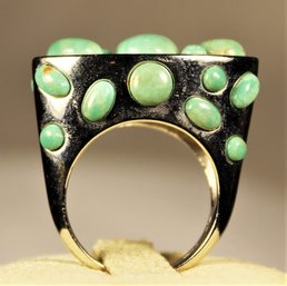 Size 8 Very Interesting Contemporary Sterling Silver Ring Having Cabochon Turquoise Stones