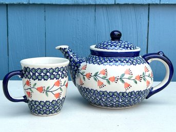 Handmade Polish Pottery Teapot And Mug Signed