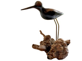 Mid Century Wood Carved Bird Standing On Driftwood. Brass Tone Legs.