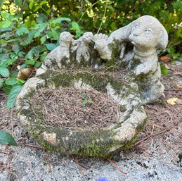 Cement Vintage Outdoor Birdbath With Little Cute Dog Family                     Back Yard.