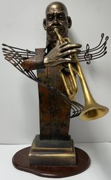 Vintage Jazzman Sculpture Statue - Playing Trumpet - Musical Staff & Notes - Unsigned - 22.5 H X 15 X 15