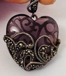 SIGNED ROSS SIMONS STERLING SILVER & MARCASITE AMETHYST HEART PENDANT