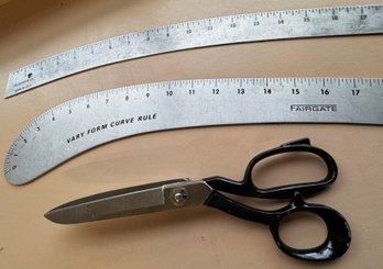 One Pair Of Very Sharp Mundial ( Brazil) Shears & Two 24 Inch Fairgate Curved Metal Aluminum Tailoring Rulers