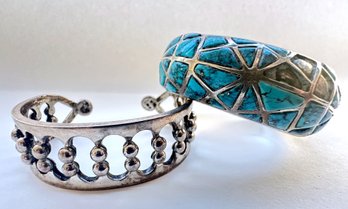 Vintage HMS Sterling Silver Cuff Bracelet With Turquoise Inserts & Silver Bracelet