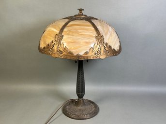 Antique Edward Miller & Co Curved Caramel Slag Glass Lamp  With