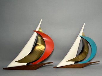 MCM Masketeers Brass & Teak Wood Sailboat Wall Art Sculptures
